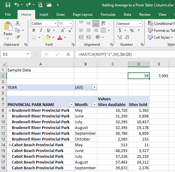 picture of formula giving the number of rows in the pivot table