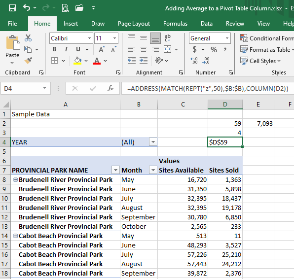 picture of formula giving the address of the last cell in the pivot table
