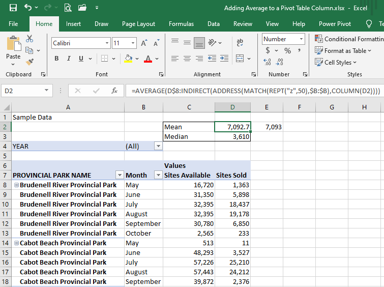 picture of the completed formula giving the MEAN and the MEDIAN of the pivot table column