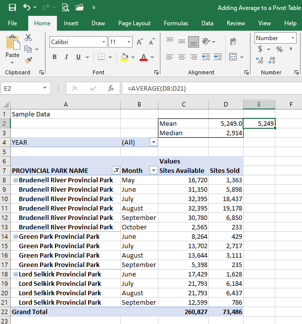 A second picture of the completed formulas, showing that they work with a different size pivot table